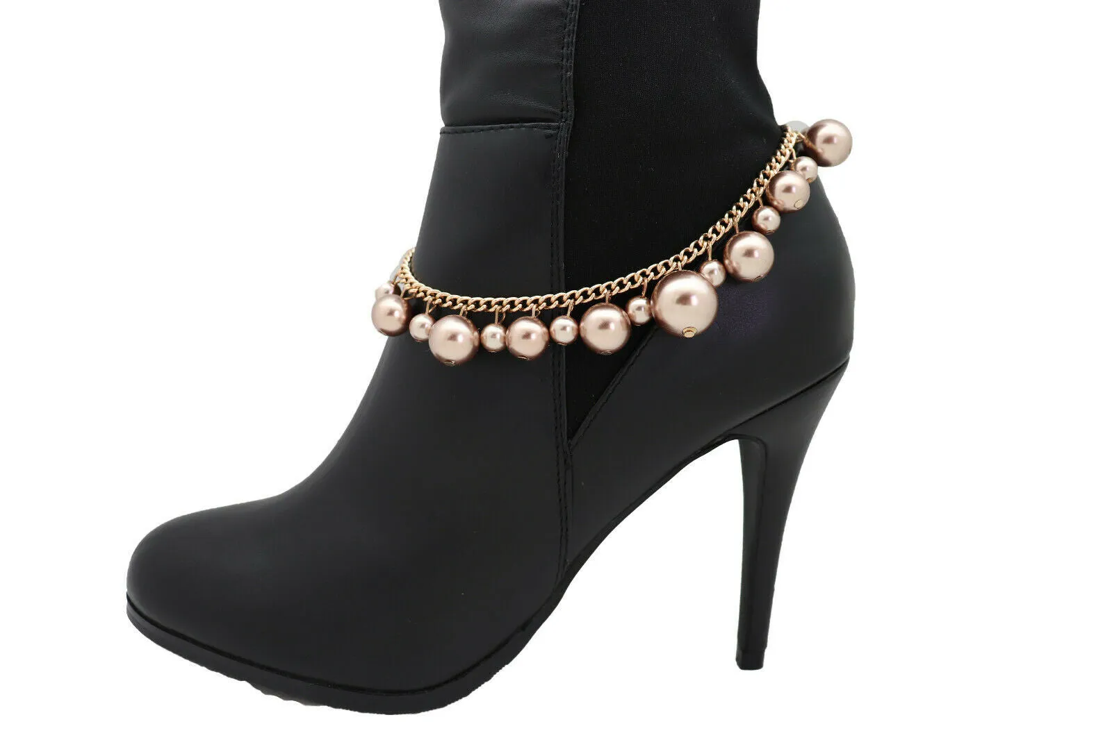 Gold Metal Chain Boot Bracelet Shoe Bronze Pearl Bead Charm