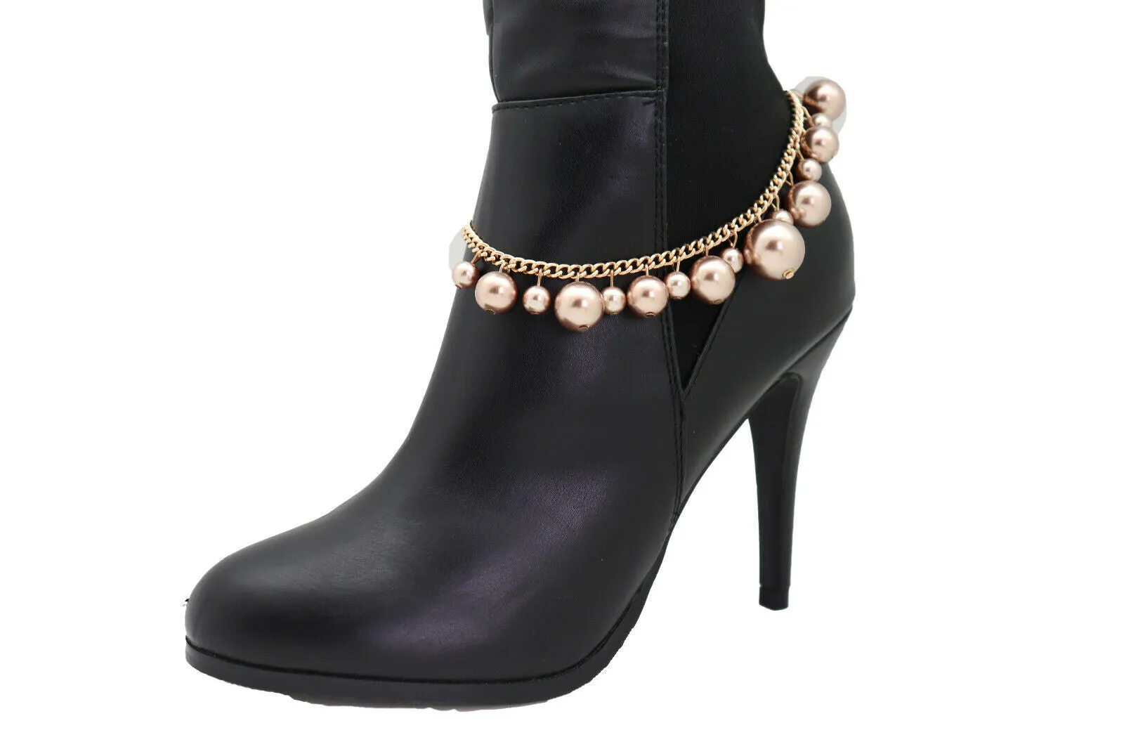 Gold Metal Chain Boot Bracelet Shoe Bronze Pearl Bead Charm