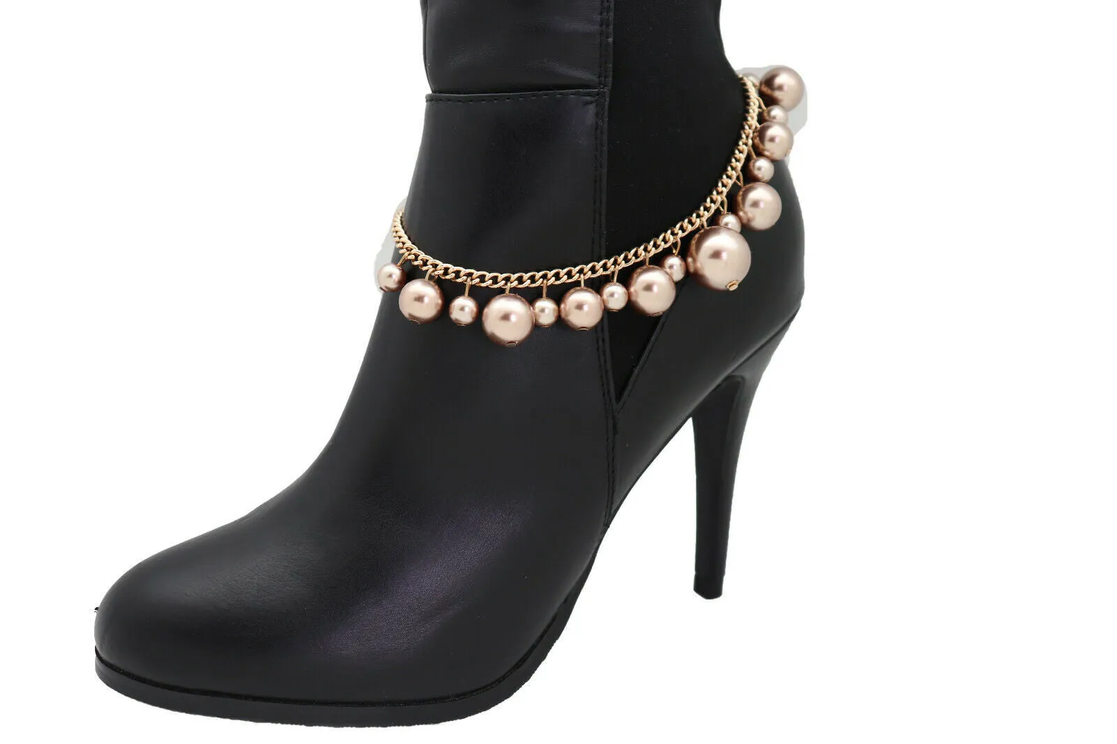 Gold Metal Chain Boot Bracelet Shoe Bronze Pearl Bead Charm