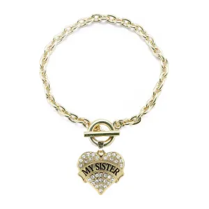 Gold My Sister Pave Heart Charm Toggle Bracelet