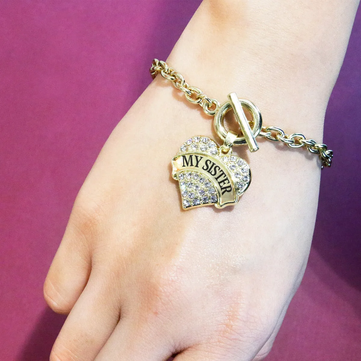 Gold My Sister Pave Heart Charm Toggle Bracelet