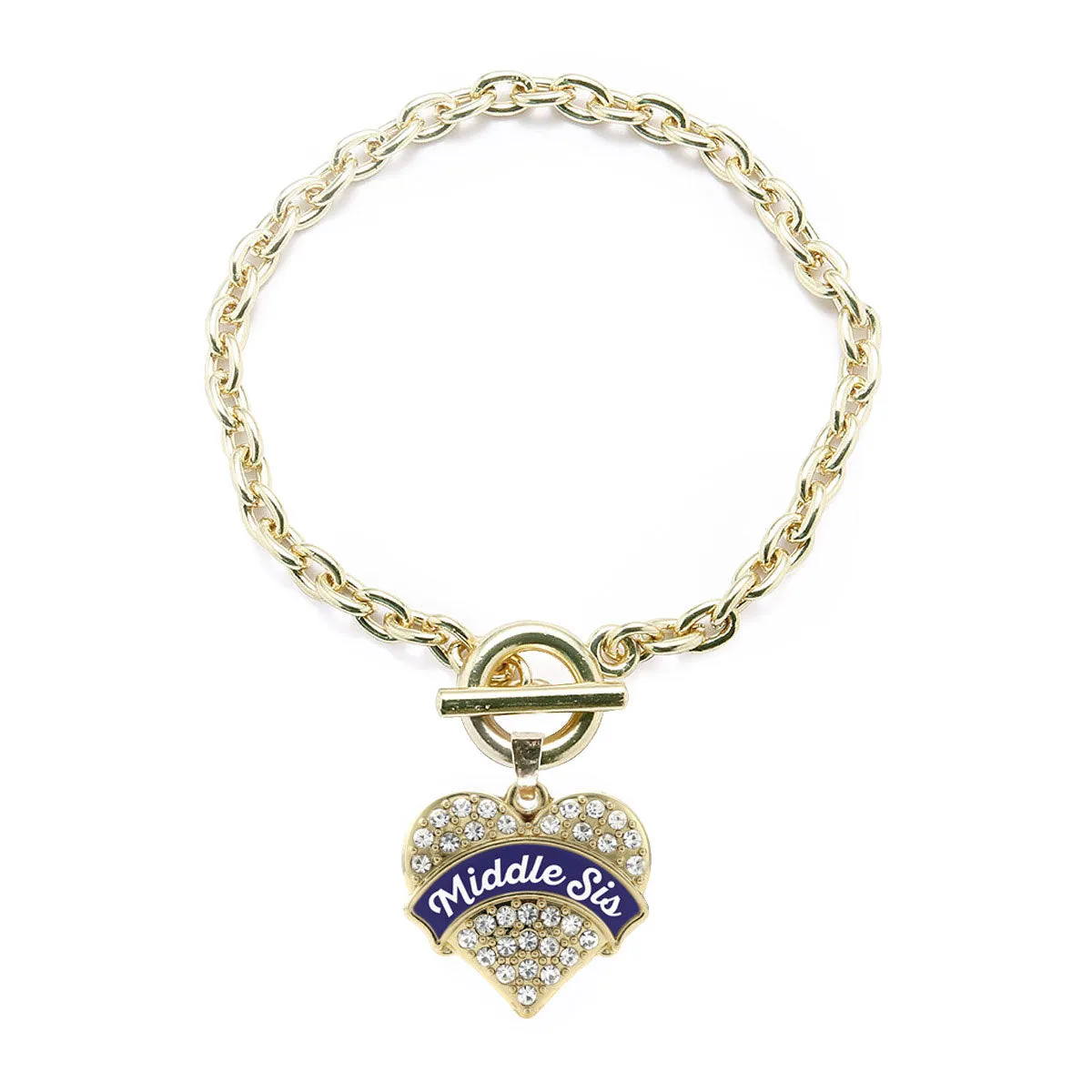 Gold Navy Blue Middle Sister Pave Heart Charm Toggle Bracelet