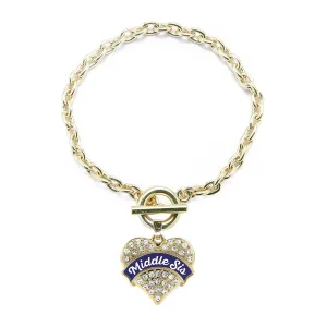 Gold Navy Blue Middle Sister Pave Heart Charm Toggle Bracelet