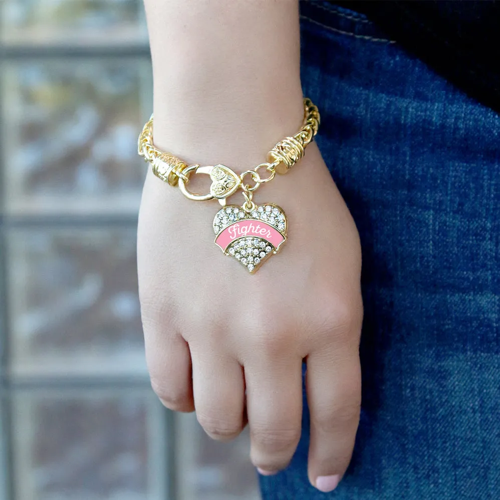 Gold Pink Script Fighter Breast Cancer Support Pave Heart Charm Braided Bracelet