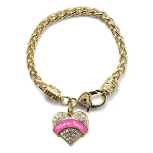 Gold Pink Script Mama Bear Pave Heart Charm Braided Bracelet
