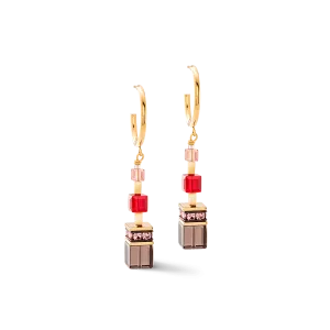 Gold Red GeoCube Hoop Earrings