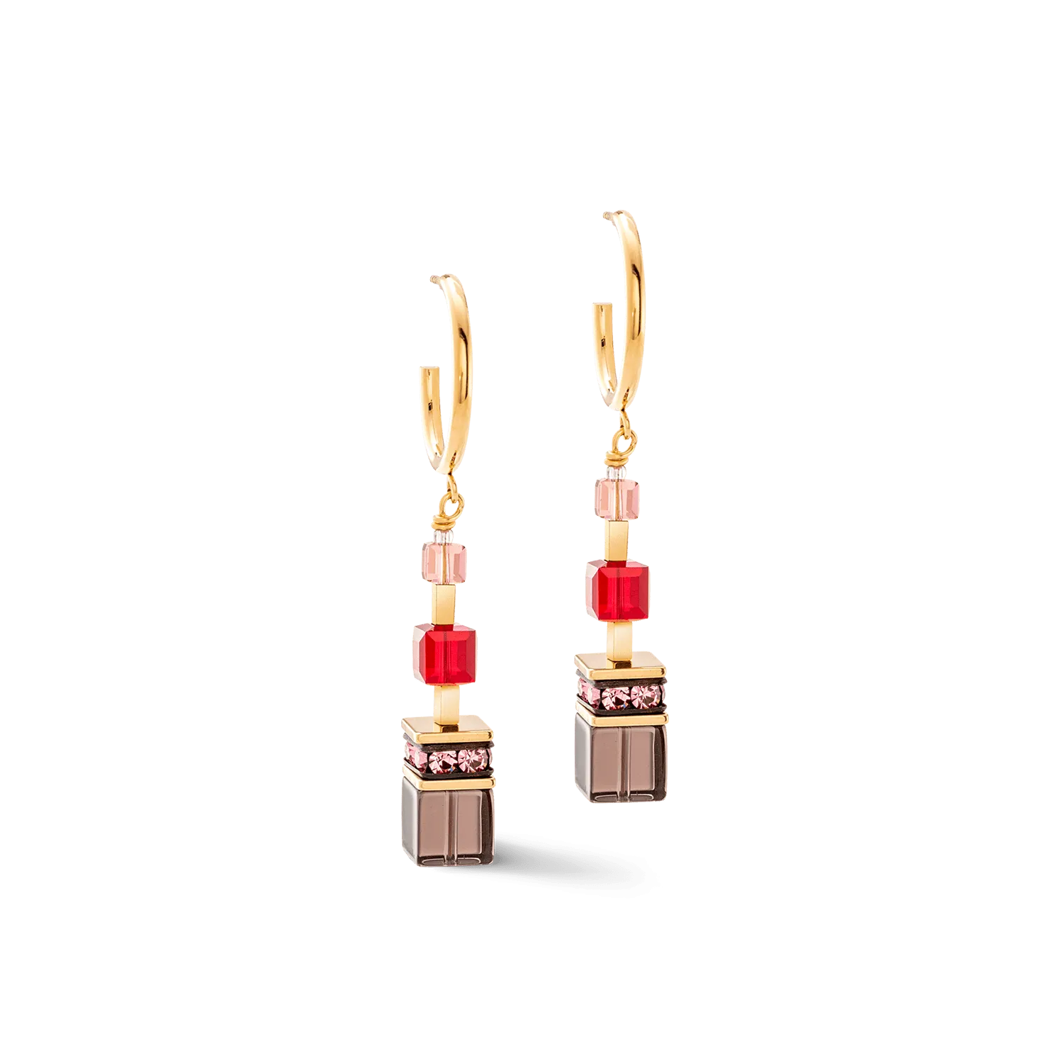 Gold Red GeoCube Hoop Earrings