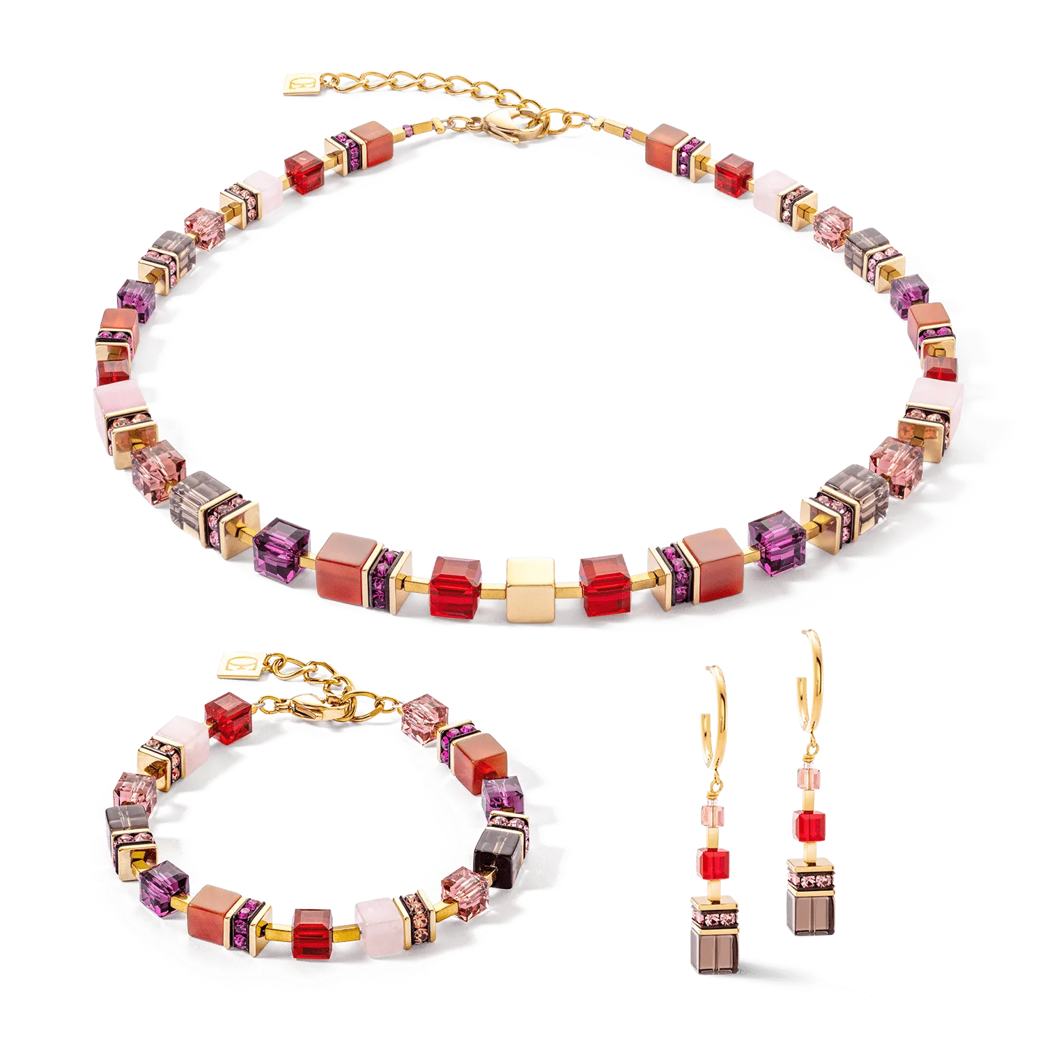Gold Red GeoCube Hoop Earrings
