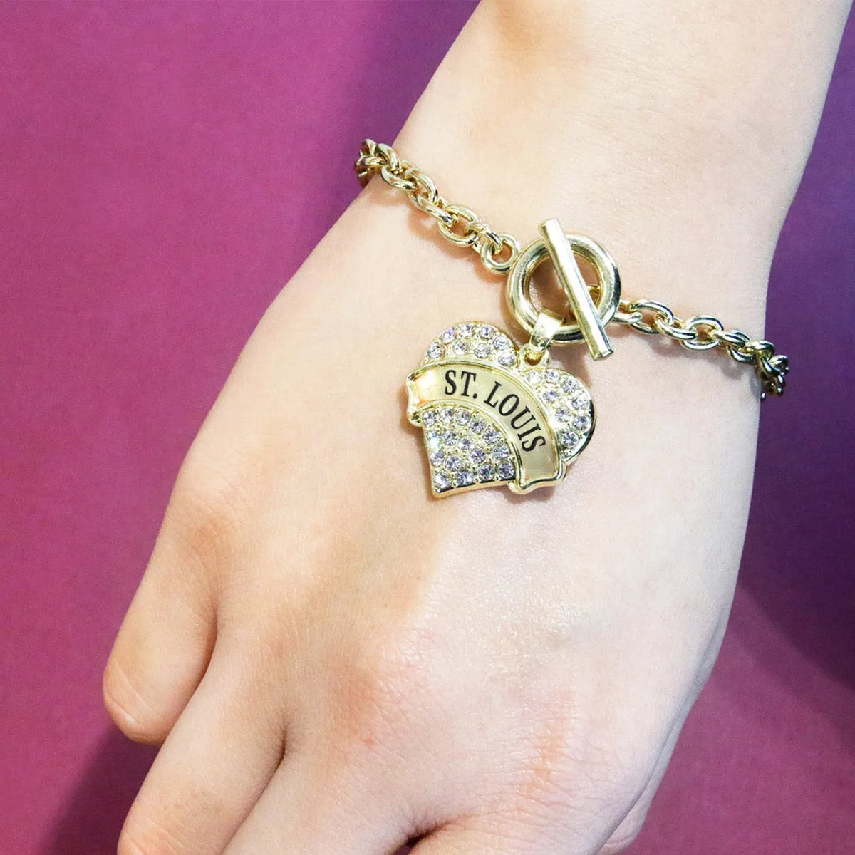 Gold St. Louis Pave Heart Charm Toggle Bracelet