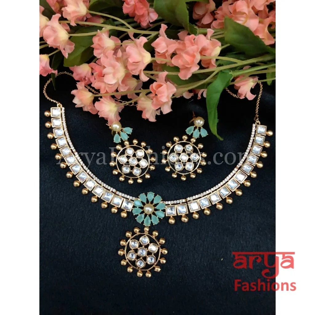 Golden Flower Theme Cubic Zirconia Kundan Necklace