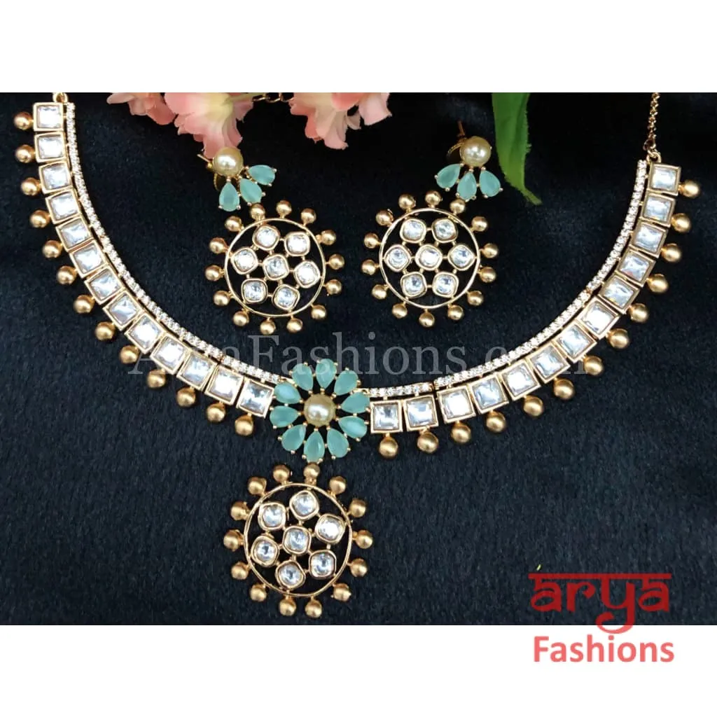 Golden Flower Theme Cubic Zirconia Kundan Necklace