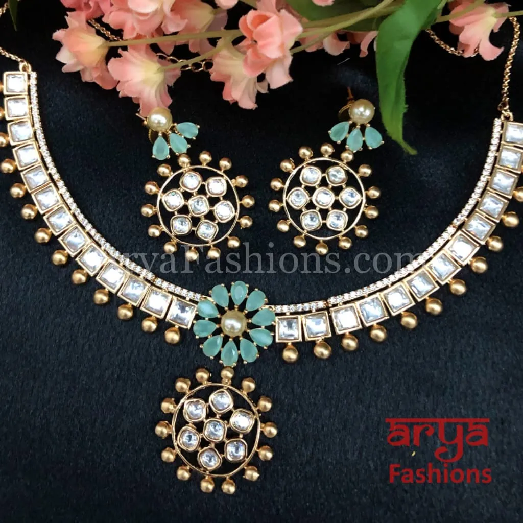 Golden Flower Theme Cubic Zirconia Kundan Necklace