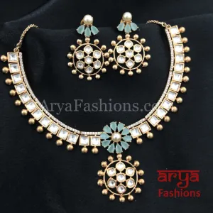 Golden Flower Theme Cubic Zirconia Kundan Necklace