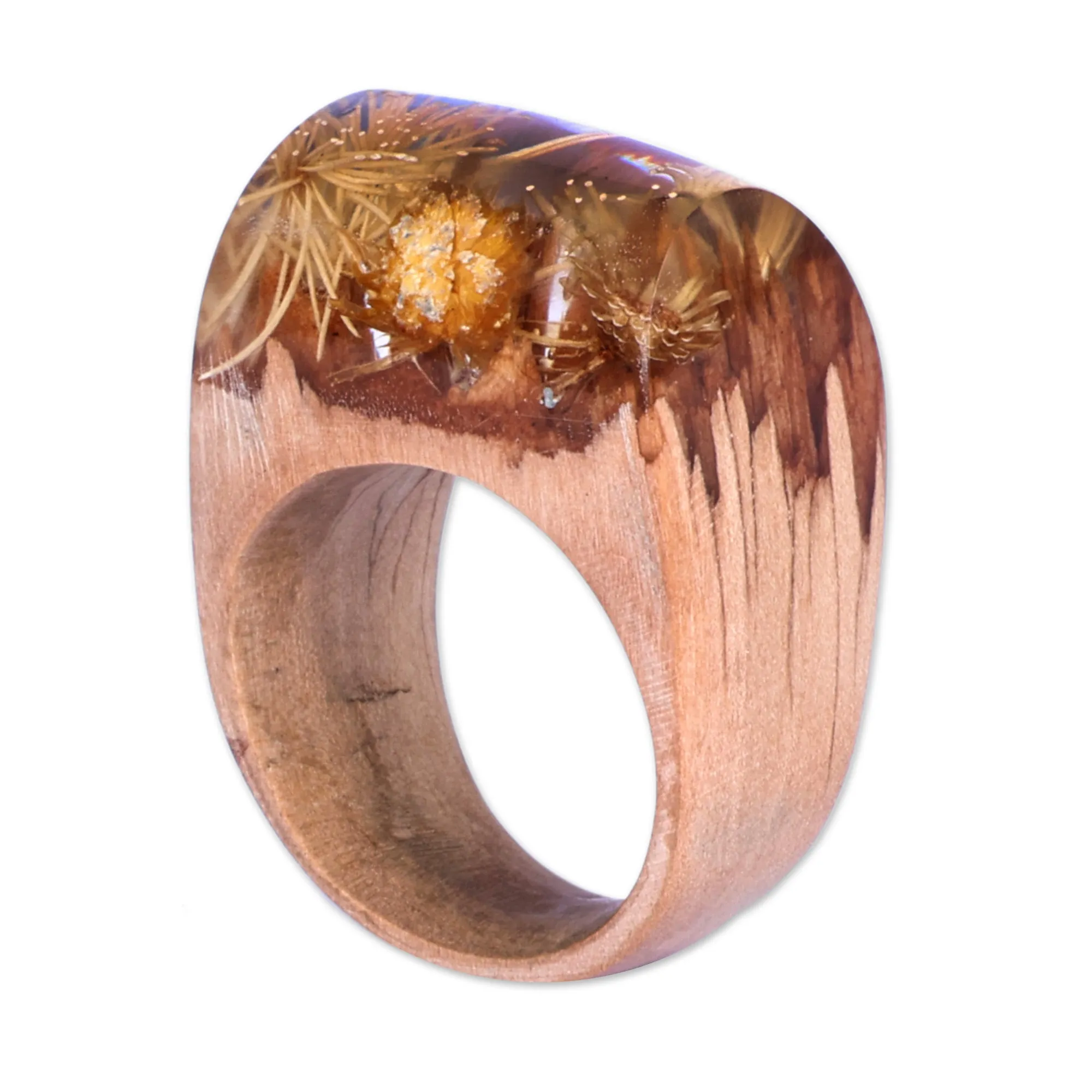 Handcrafted Natural Dandelion Flower Wooden Cocktail Ring - Dandelion Fragment | NOVICA