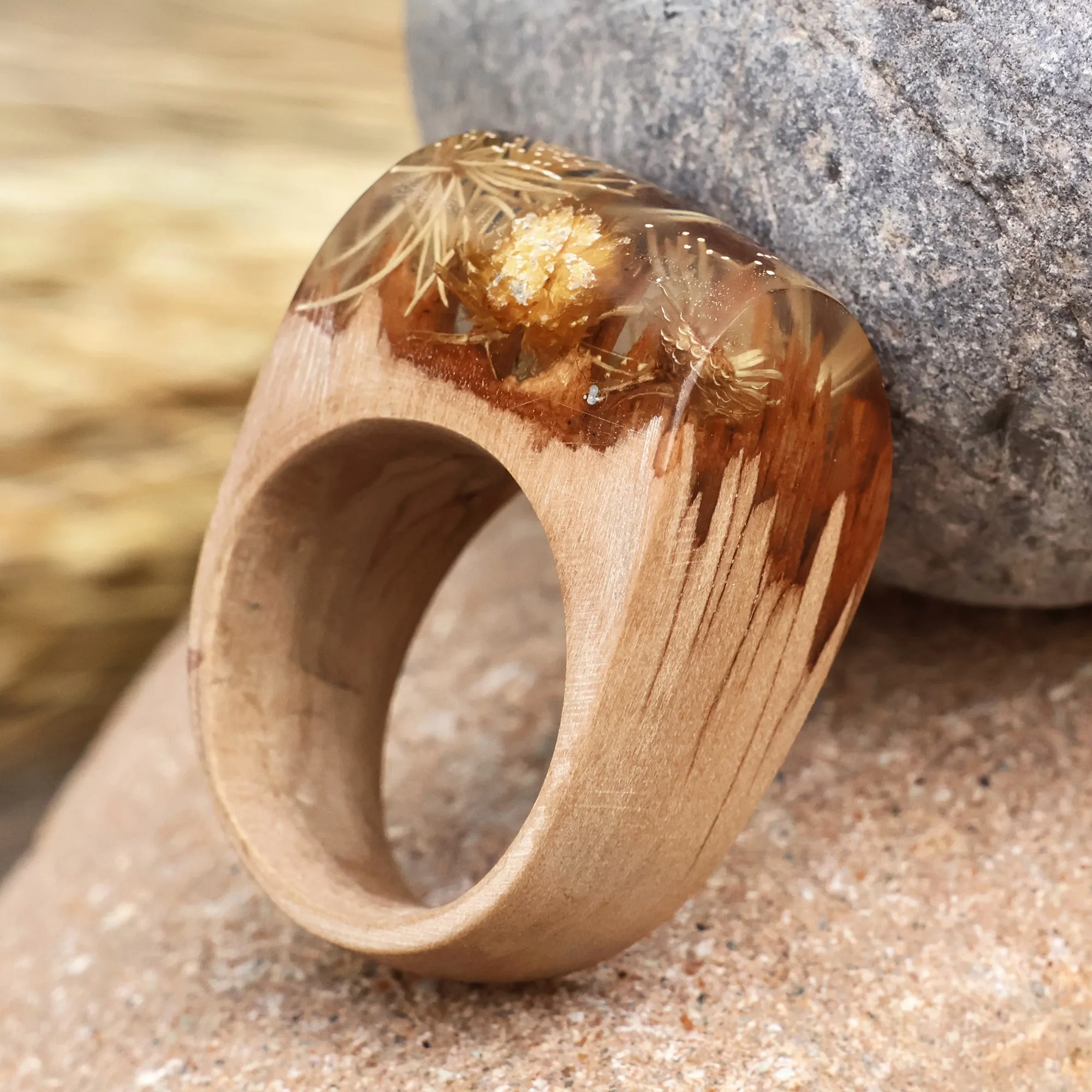 Handcrafted Natural Dandelion Flower Wooden Cocktail Ring - Dandelion Fragment | NOVICA