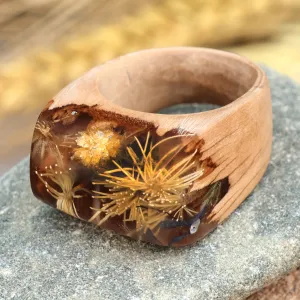 Handcrafted Natural Dandelion Flower Wooden Cocktail Ring - Dandelion Fragment | NOVICA