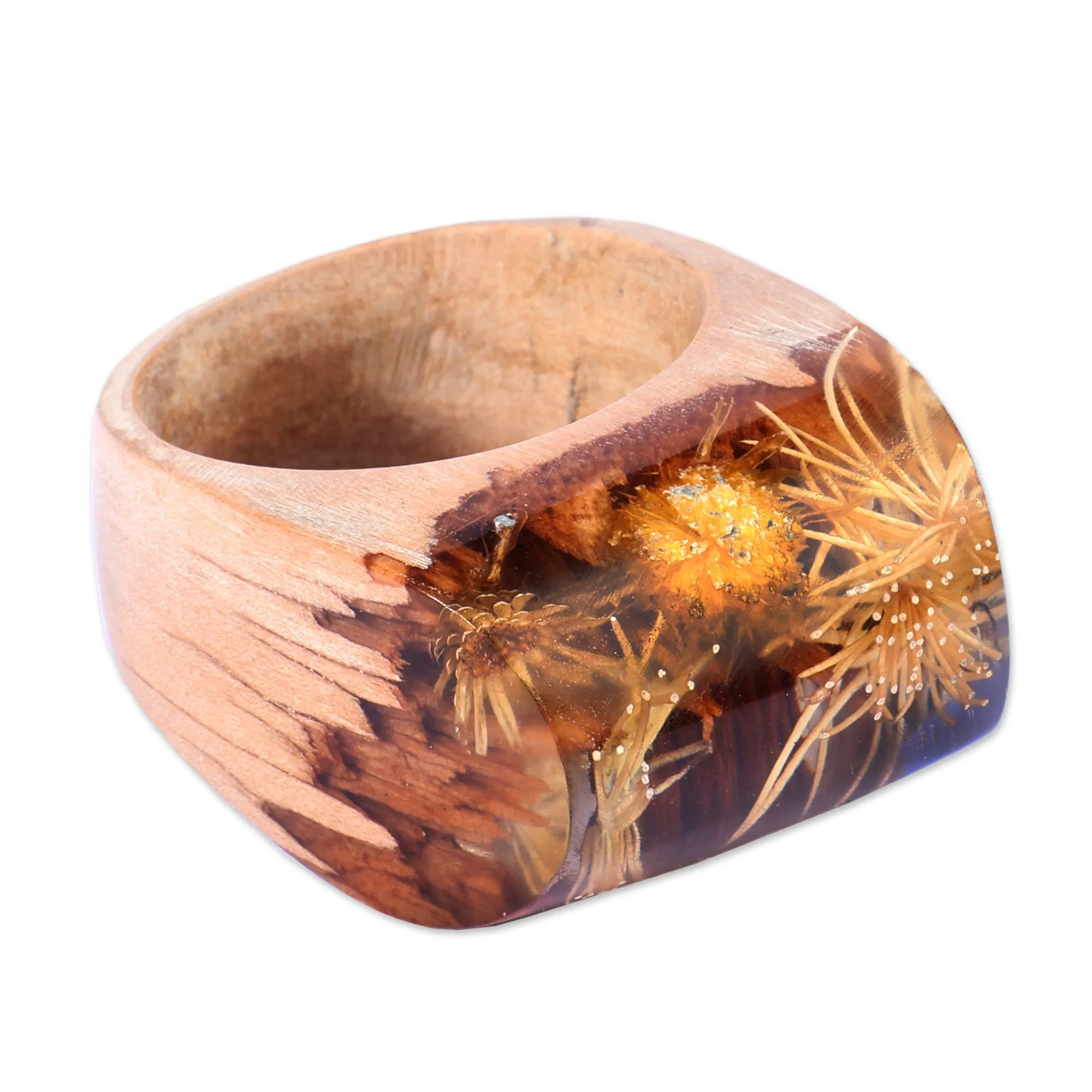 Handcrafted Natural Dandelion Flower Wooden Cocktail Ring - Dandelion Fragment | NOVICA