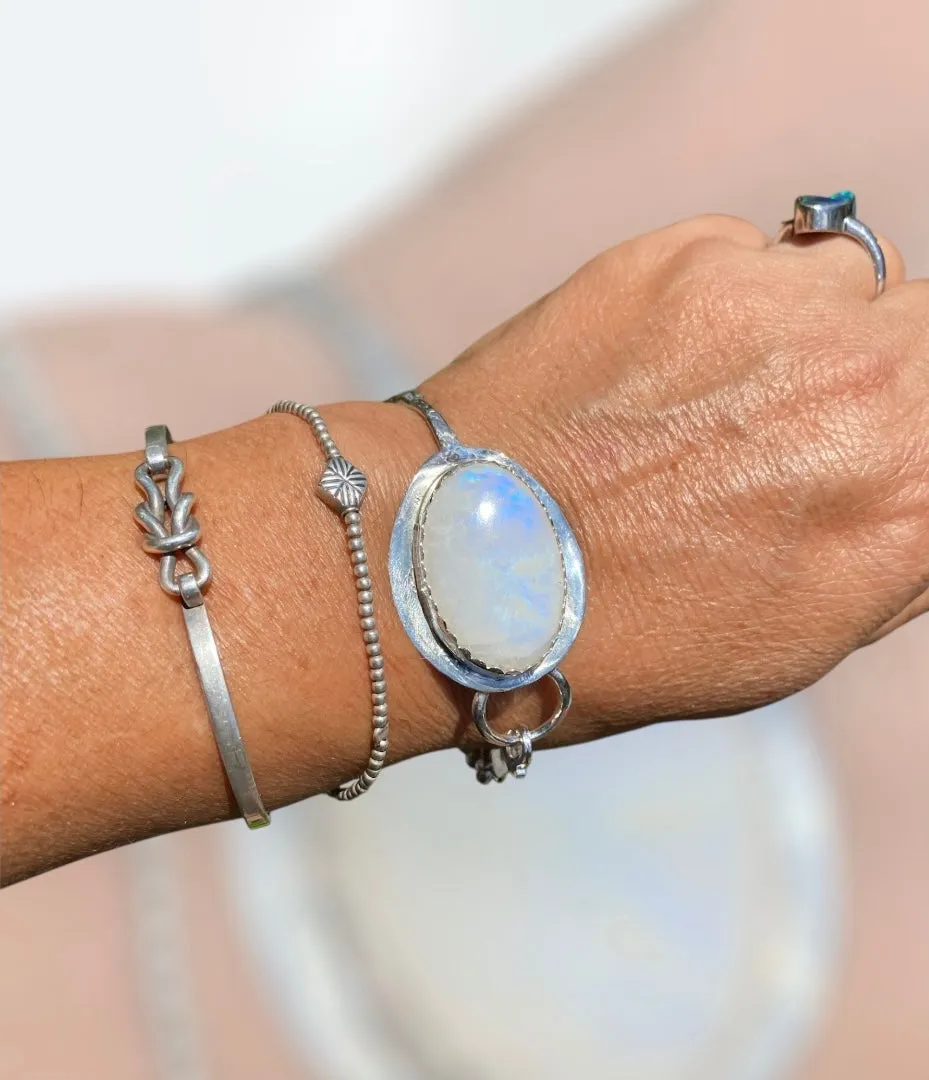 Handmade Moonstone cuff bracelet using a Vintage Silver Teaspoon with Hildesheimer Rose