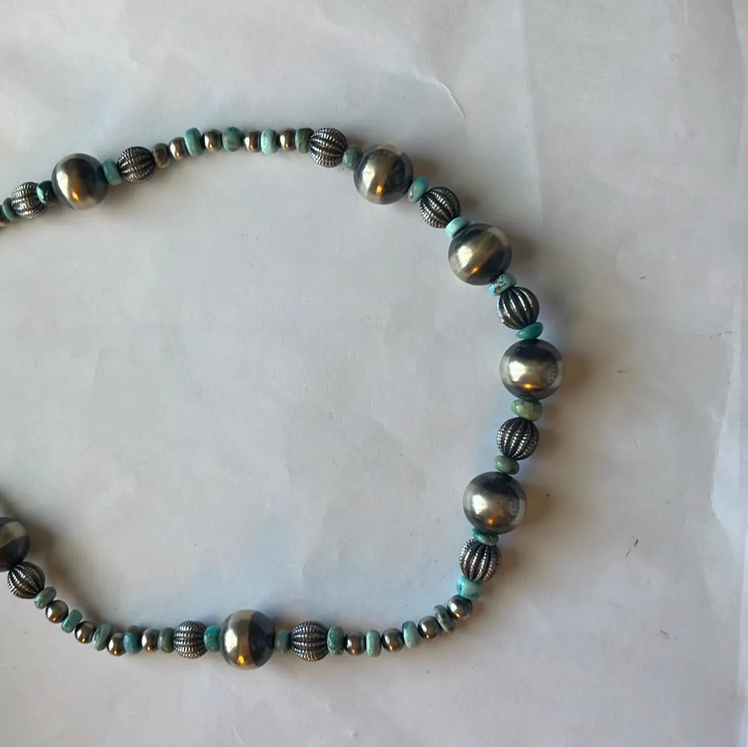 Handmade Sterling Silver & Turquoise Beaded Necklace