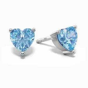 Heart Shape Stud Earrings in Sterling Silver -  Swiss Blue Topaz