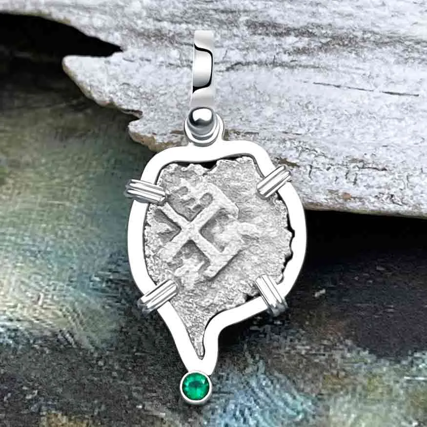 Heart Shaped 1720s Rimac River "Good Luck" Spanish 1/2 Reale "Piece of Eight" Sterling Silver with Emerald Pendant | Artifact #8244