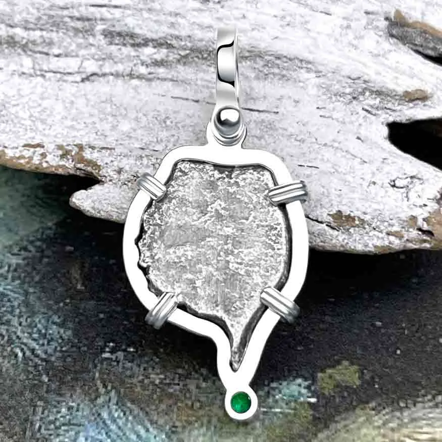 Heart Shaped 1720s Rimac River "Good Luck" Spanish 1/2 Reale "Piece of Eight" Sterling Silver with Emerald Pendant | Artifact #8244