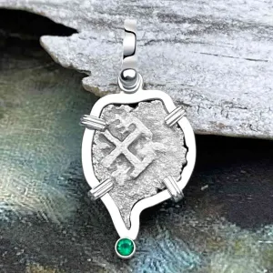 Heart Shaped 1720s Rimac River "Good Luck" Spanish 1/2 Reale "Piece of Eight" Sterling Silver with Emerald Pendant | Artifact #8244