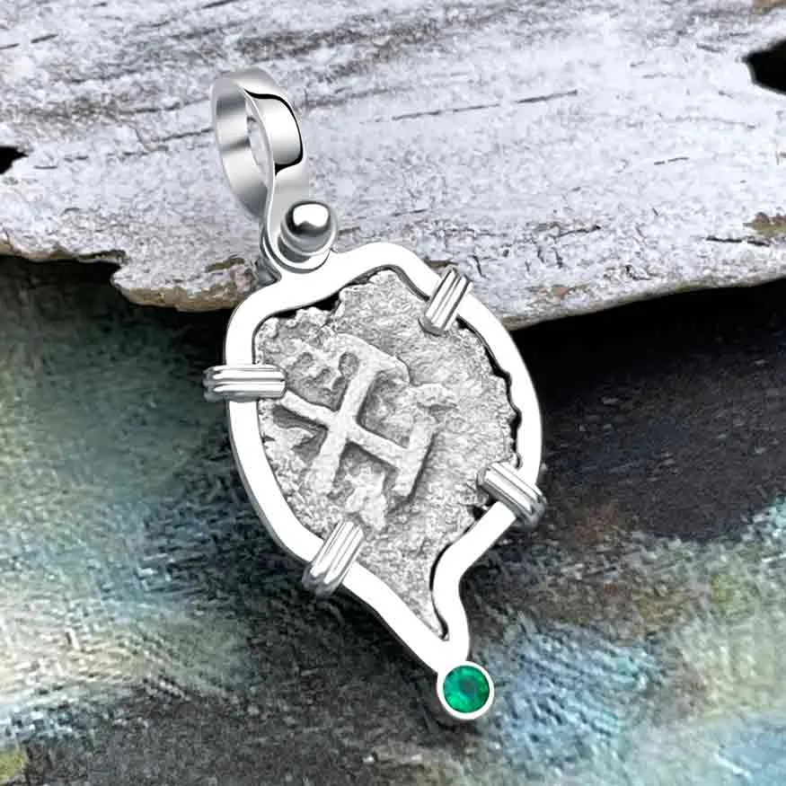 Heart Shaped 1720s Rimac River "Good Luck" Spanish 1/2 Reale "Piece of Eight" Sterling Silver with Emerald Pendant | Artifact #8244
