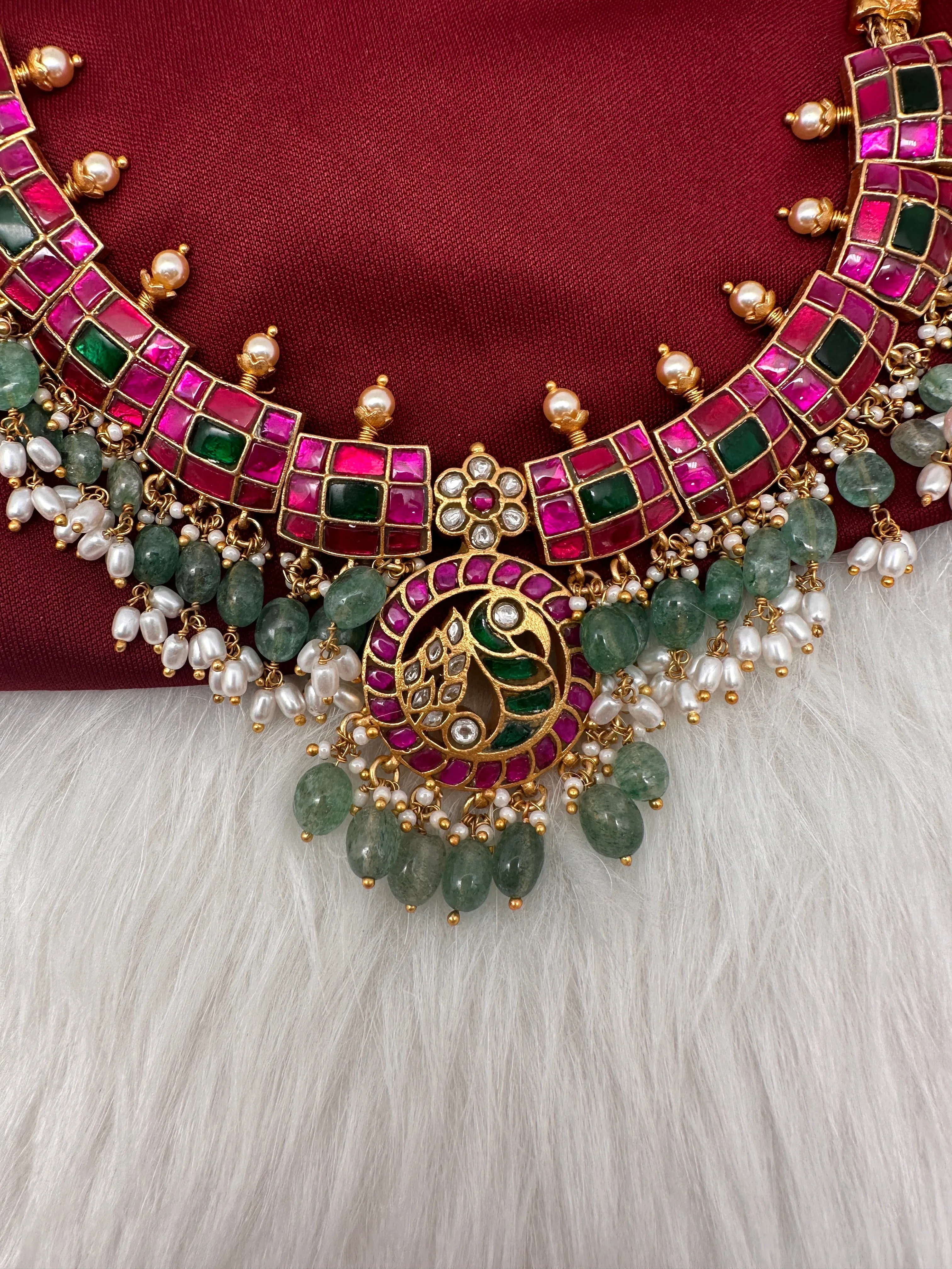 Jadau Kundan Pink Green Neckline Necklace