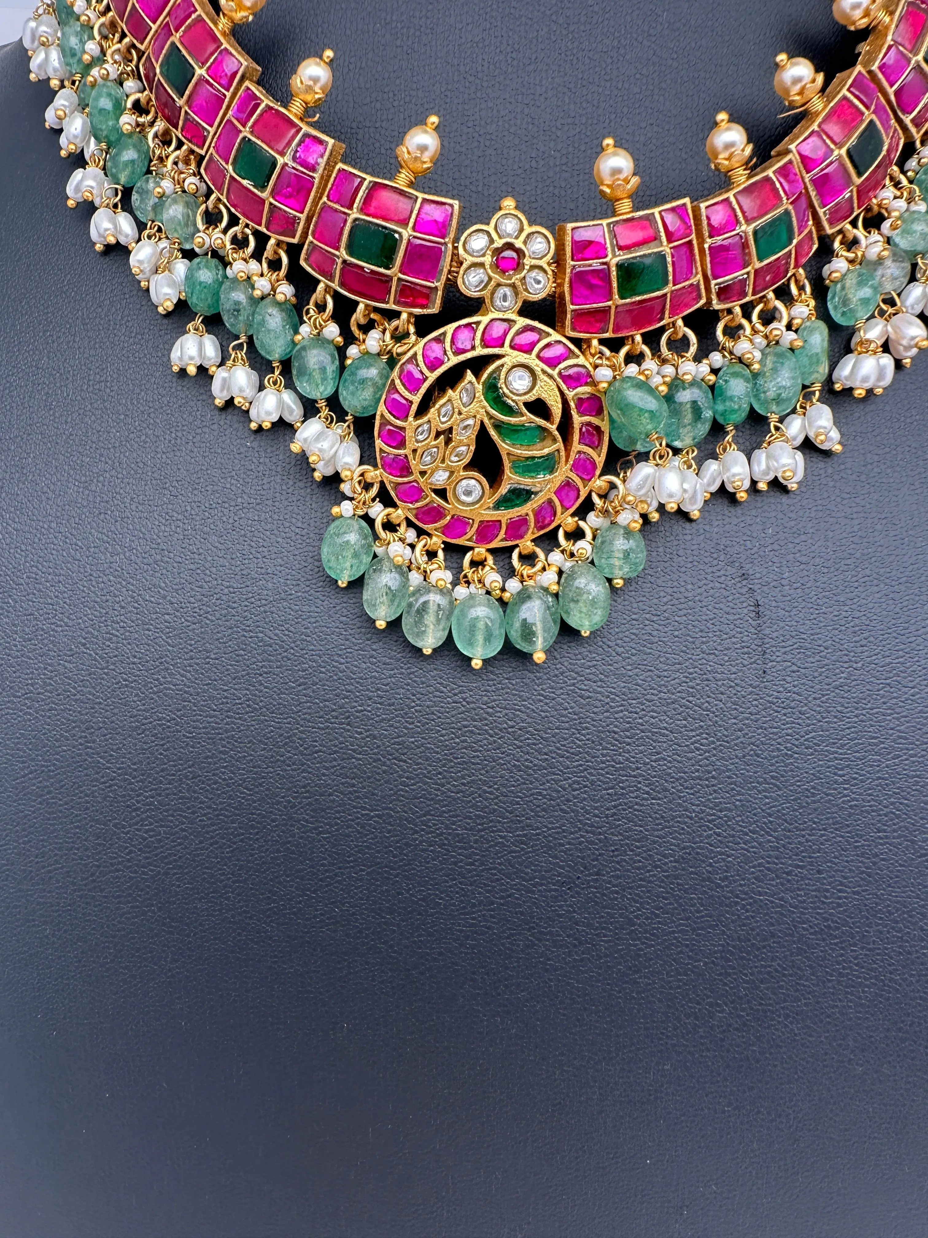 Jadau Kundan Pink Green Neckline Necklace