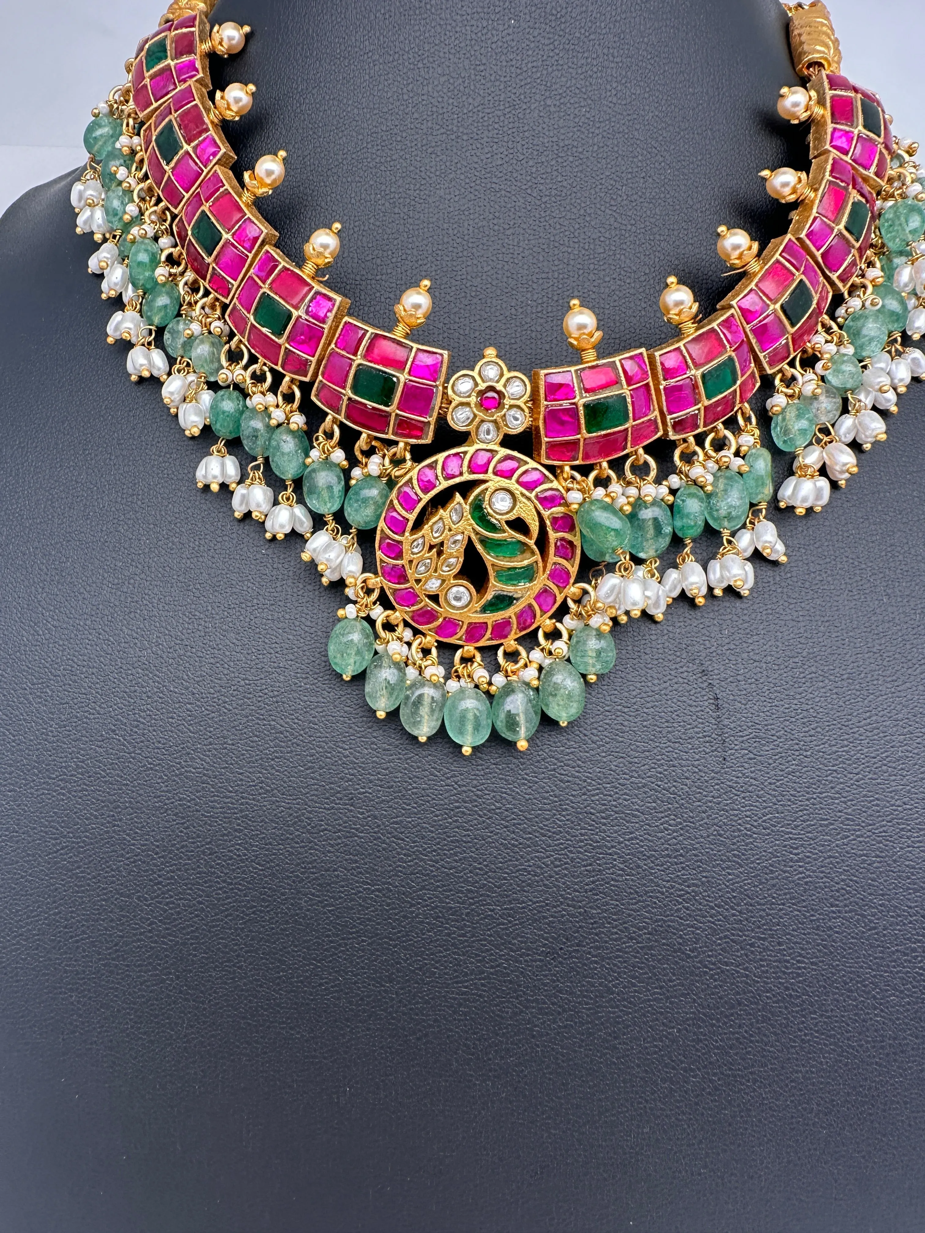 Jadau Kundan Pink Green Neckline Necklace