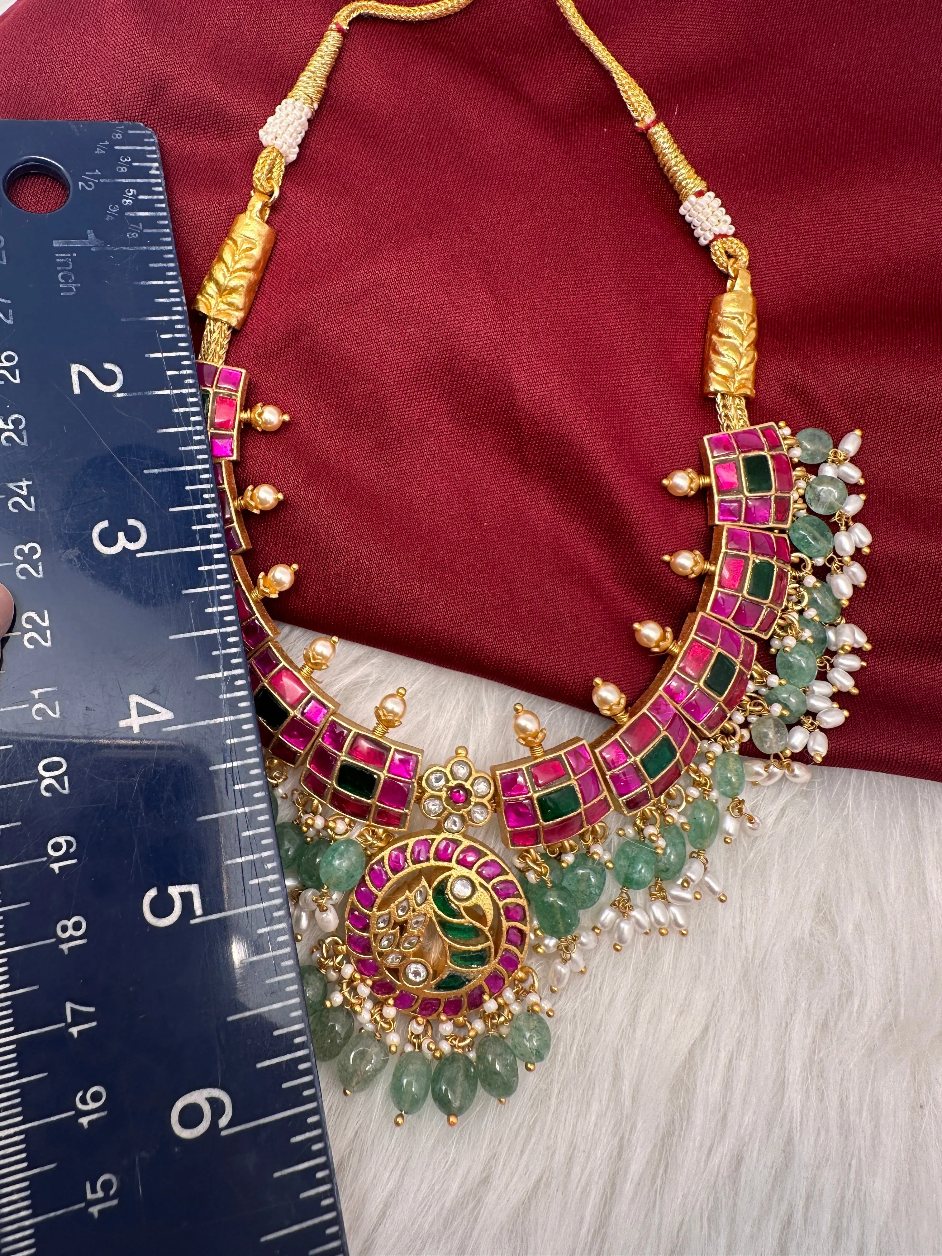 Jadau Kundan Pink Green Neckline Necklace