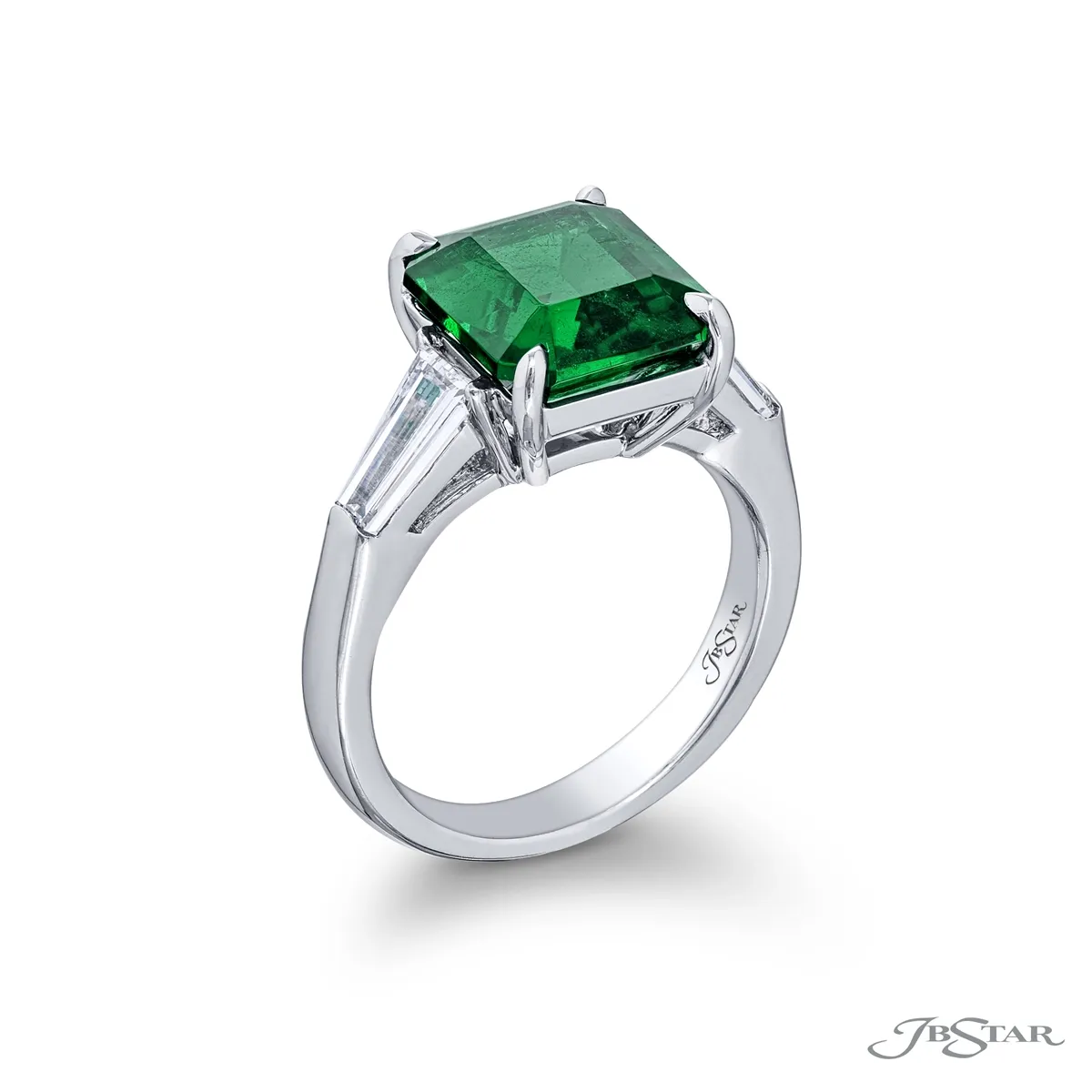 JB Star Platinum Emerald and Diamond 3-Stone Ring