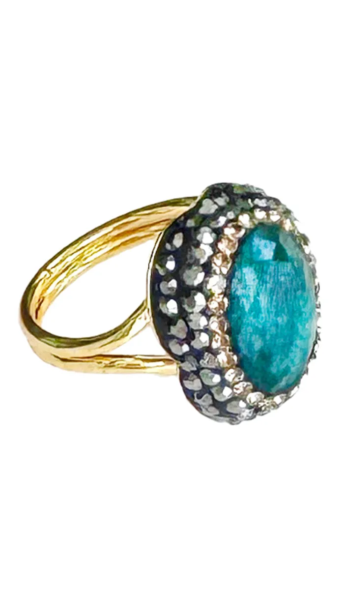 Jeweled Raw Jade and Antique Crystal Oval Cocktail Ring
