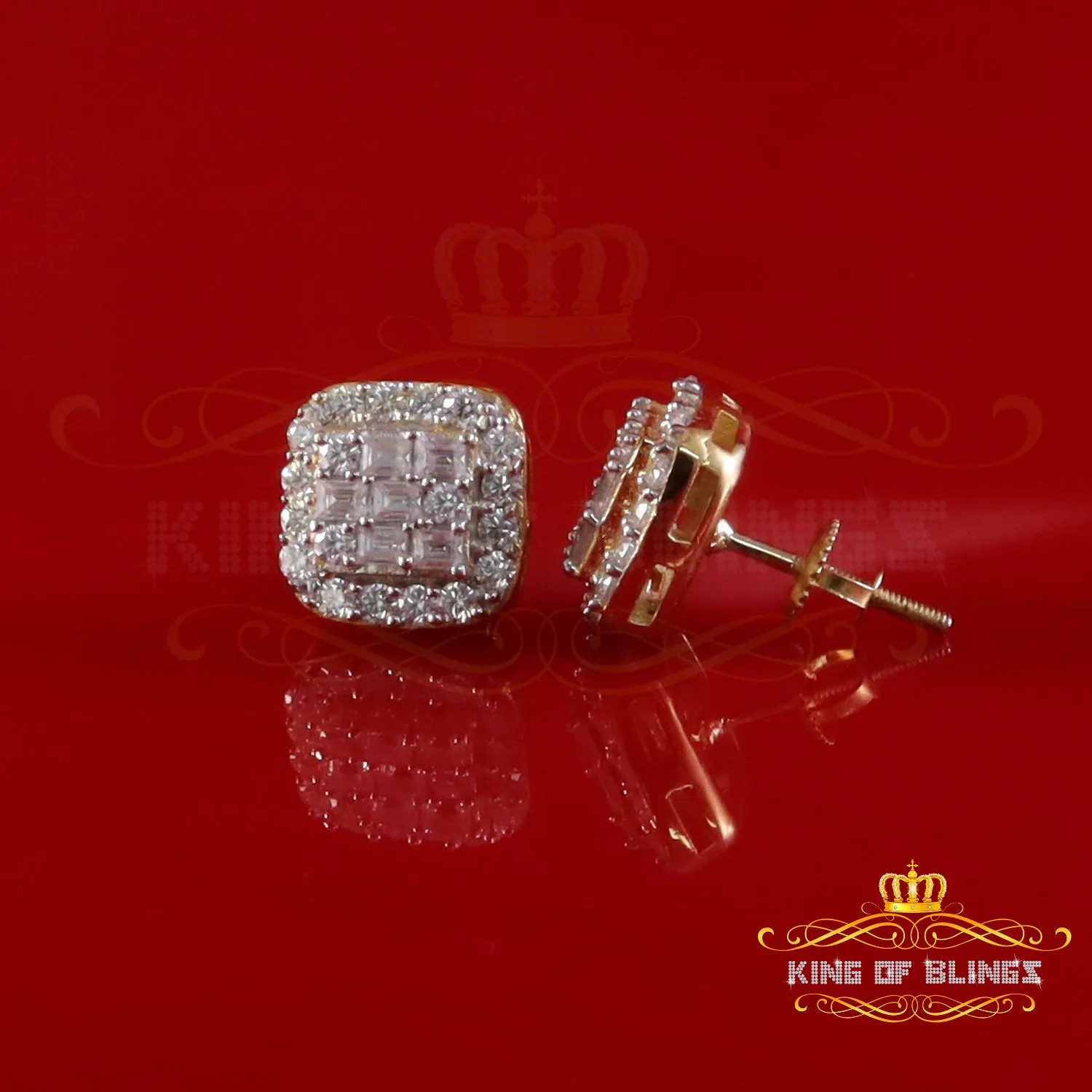 King  of Bling's Yellow 925 Silver 1.50ct VVS 'D' Baguette Moissanite Stud Earrings Men's/Womens
