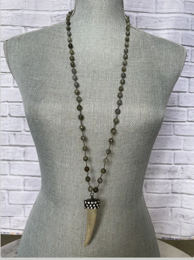 Labradorite Gunmetal Beaded Necklace W/ Horn