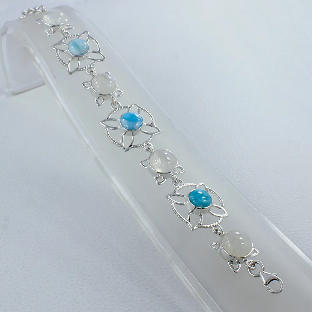 Larimar and Rainbow Moonstone Sterling Silver Bracelets