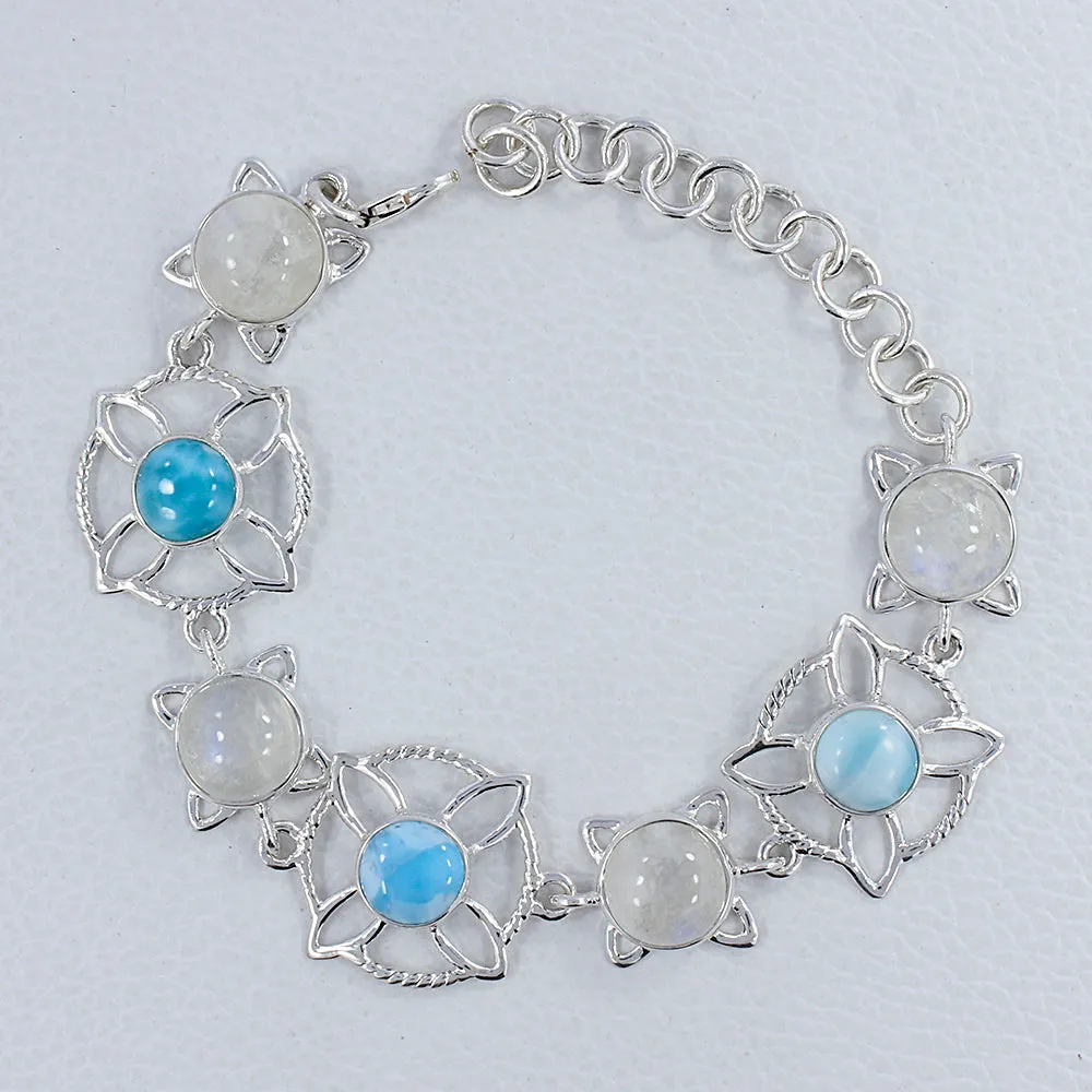 Larimar and Rainbow Moonstone Sterling Silver Bracelets