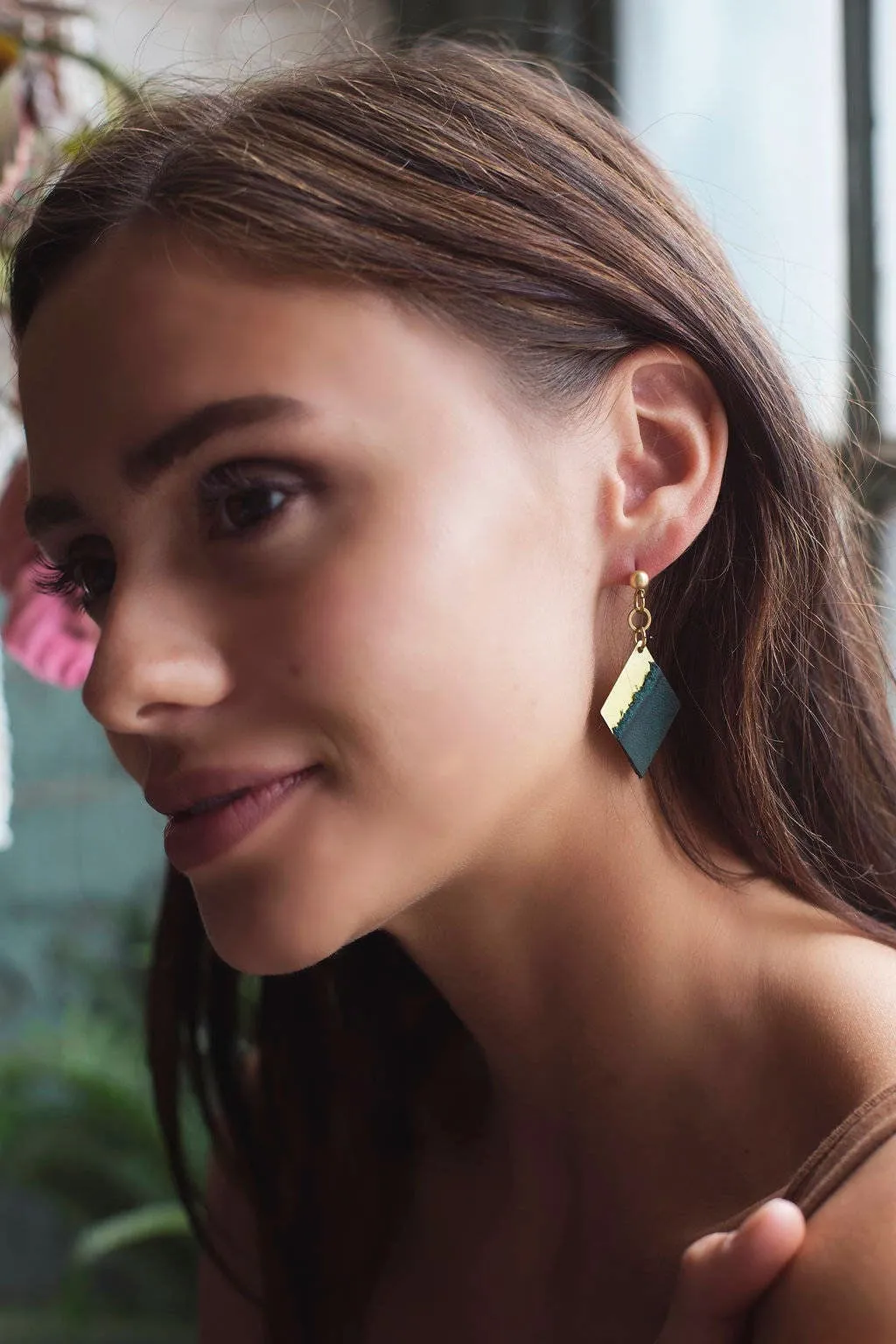 Leather and Brass Dangle Earrings - Diamond Shaped