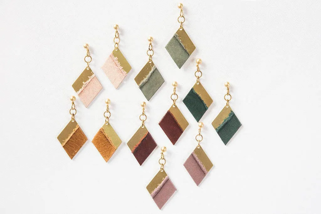 Leather and Brass Dangle Earrings - Diamond Shaped