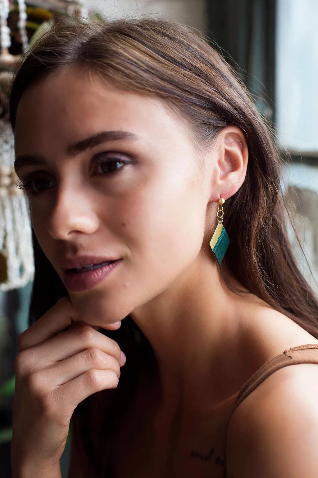 Leather and Brass Dangle Earrings - Diamond Shaped