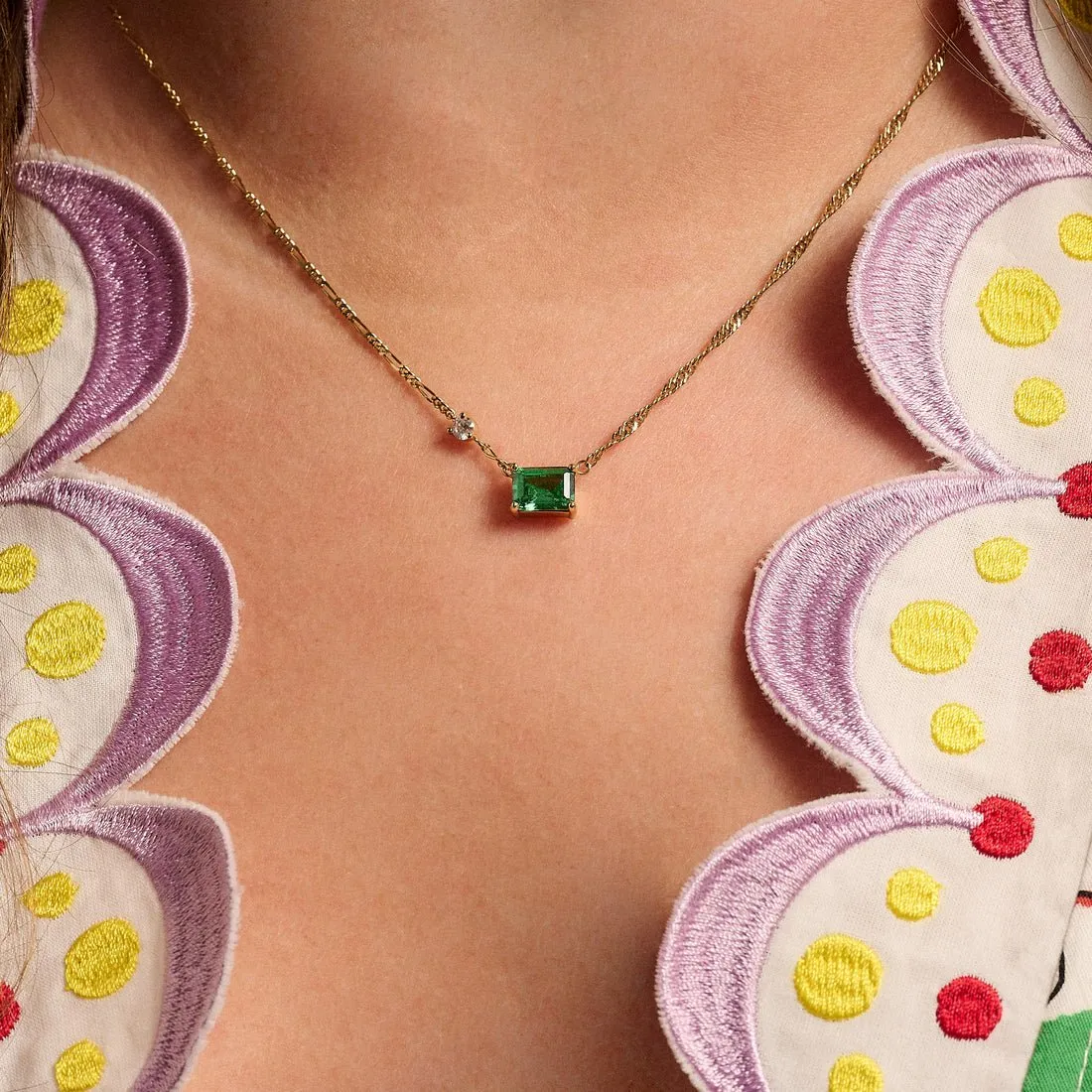 Lola Emerald Cut Necklace Emerald Green, Clear CZ and Gold