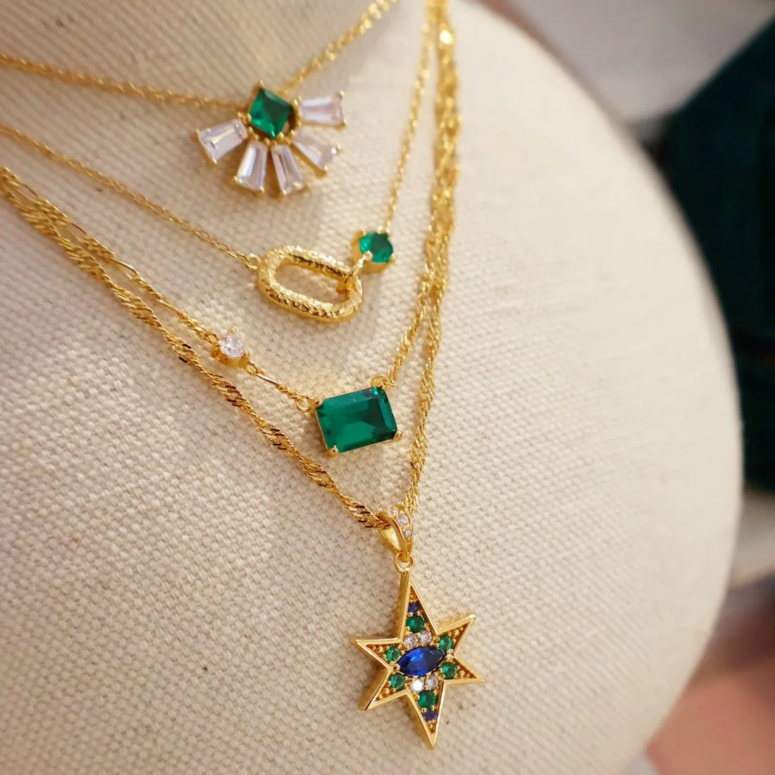 Lola Emerald Cut Necklace Emerald Green, Clear CZ and Gold