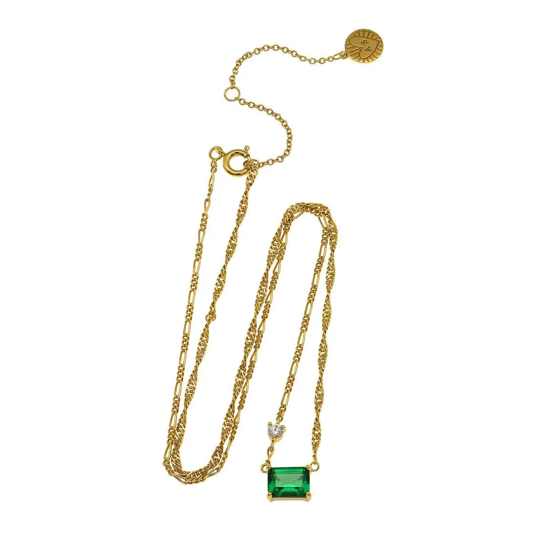 Lola Emerald Cut Necklace Emerald Green, Clear CZ and Gold