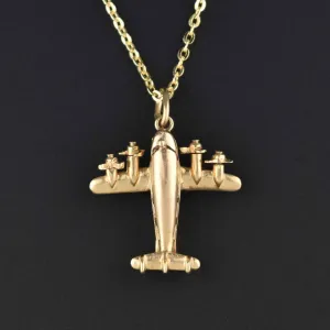 Moveable 14K Gold Airplane Charm Pendant Necklace