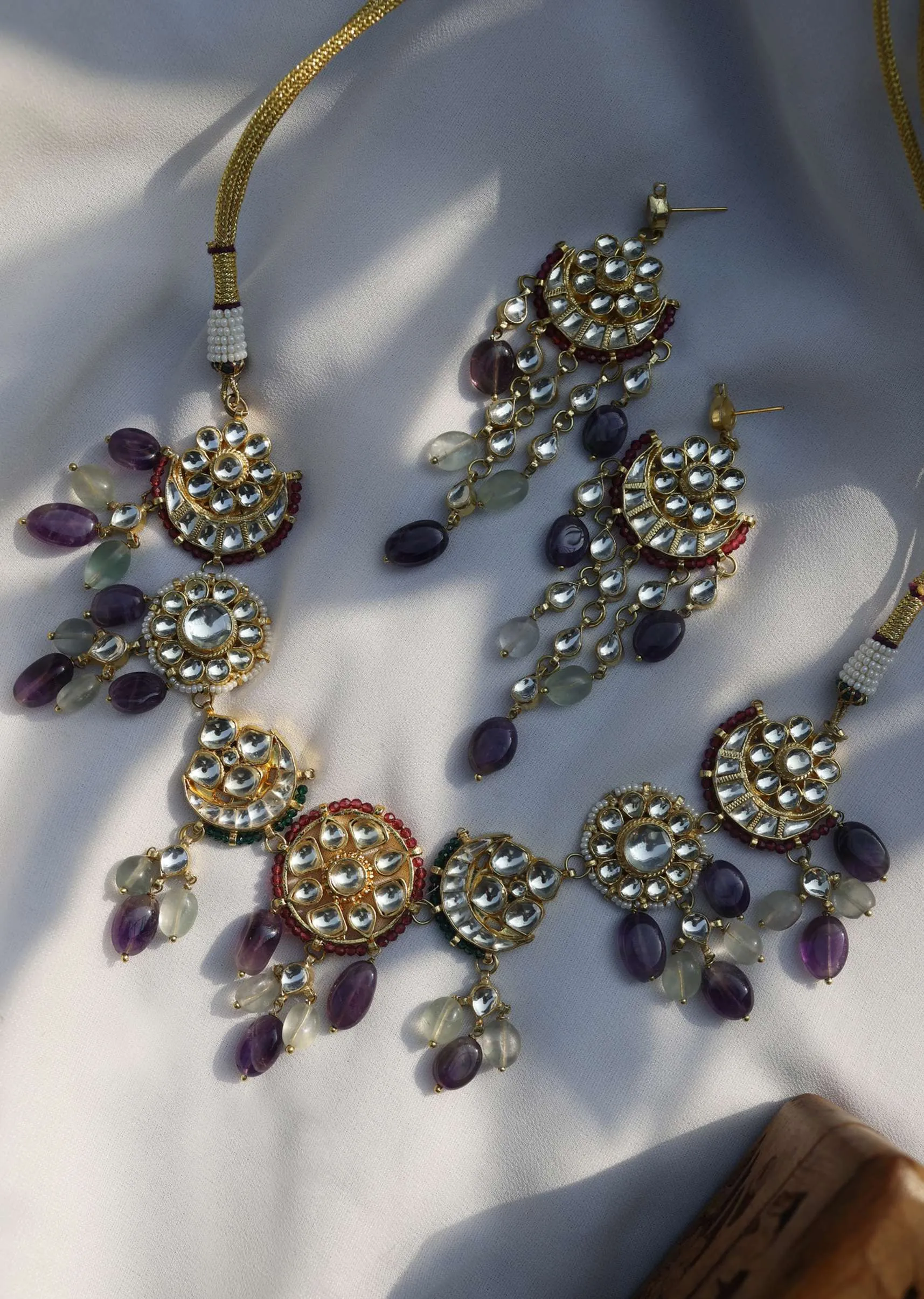 Multicolored Gold Plated Silver Alloy Kundan Amethyst Necklace Set