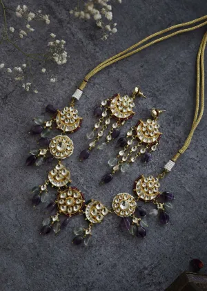 Multicolored Gold Plated Silver Alloy Kundan Amethyst Necklace Set