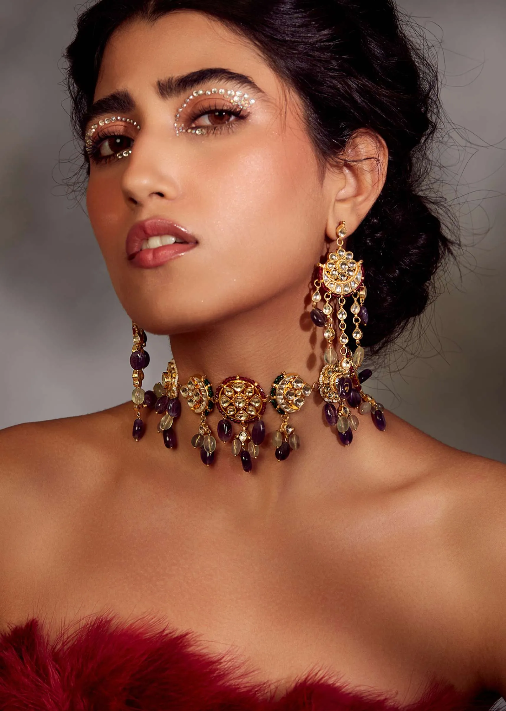 Multicolored Gold Plated Silver Alloy Kundan Amethyst Necklace Set