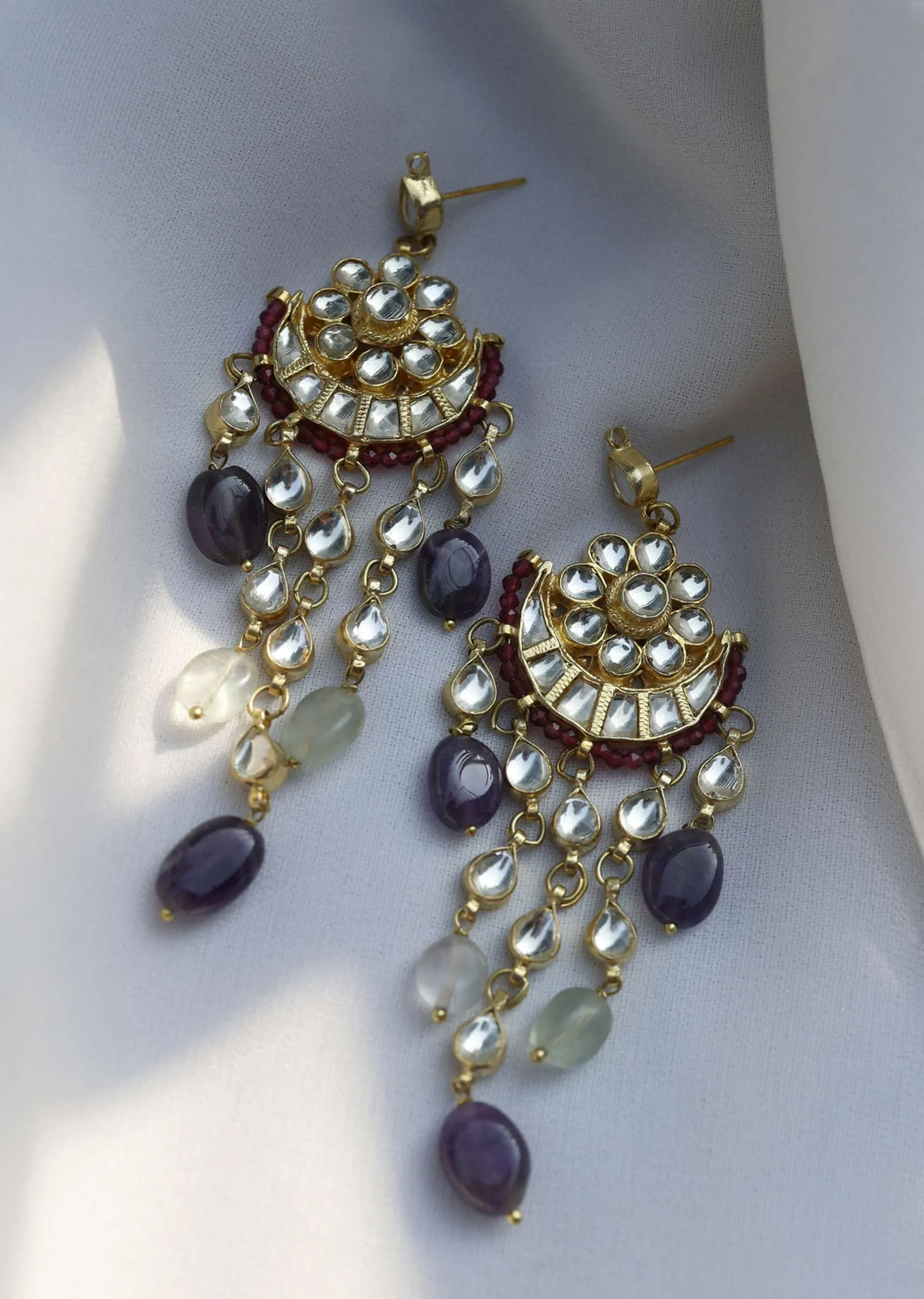 Multicolored Gold Plated Silver Alloy Kundan Amethyst Necklace Set