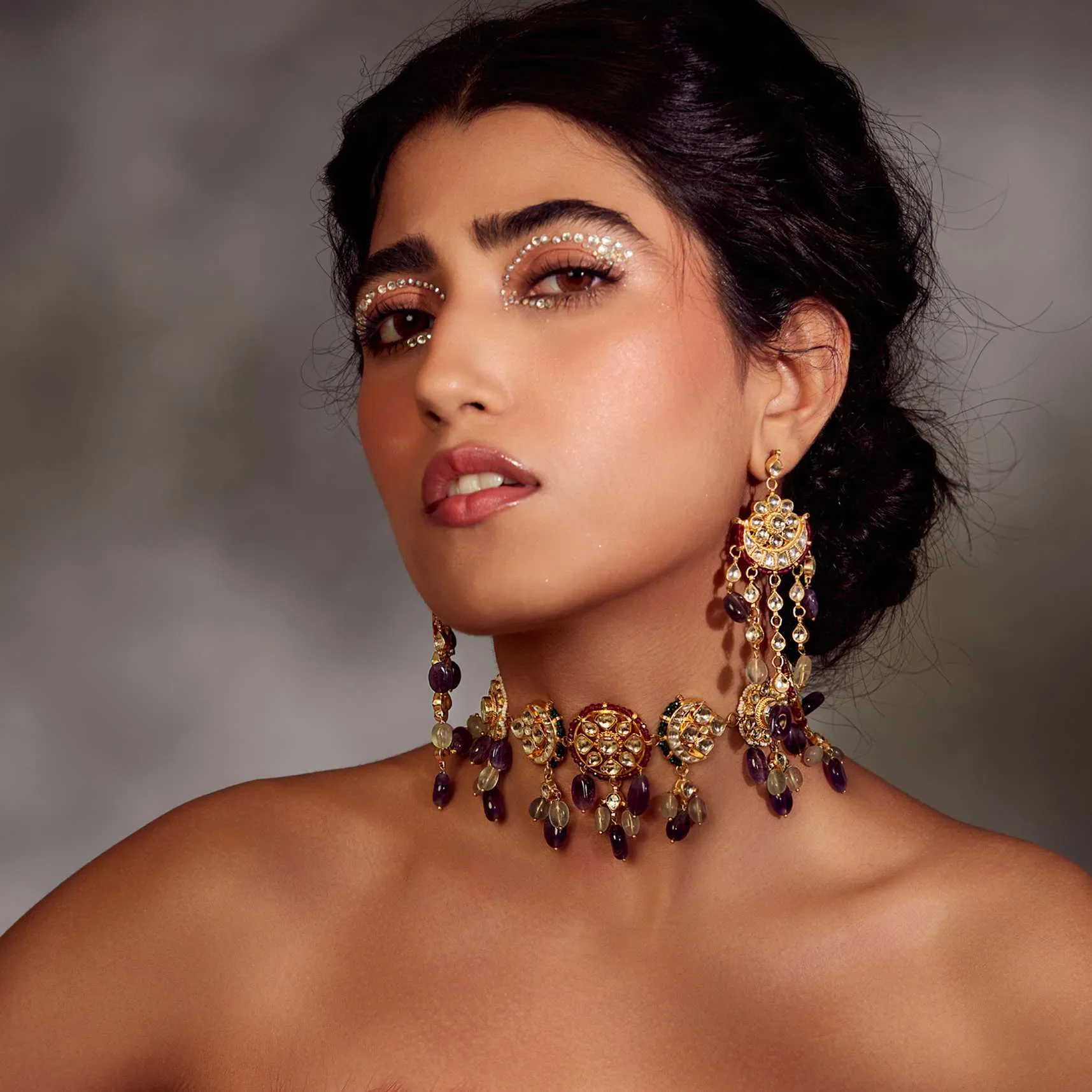 Multicolored Gold Plated Silver Alloy Kundan Amethyst Necklace Set